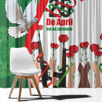 Close-up of green and white curtain fabric with dove, red carnations, and flag design