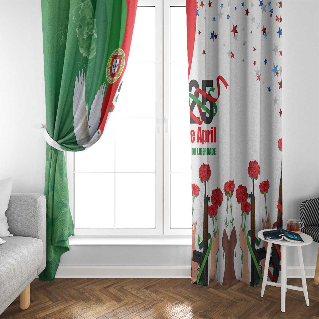 Green and white window curtains with red carnations and dove motif beside a bright window