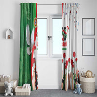Pair of patriotic window curtains, green panel and white panel with red carnations and dove