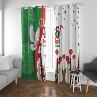 Hanging window curtains in green and white with red carnation flowers and dove flag design