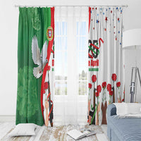 Green and white window curtains with red carnations and dove motif, arranged over window