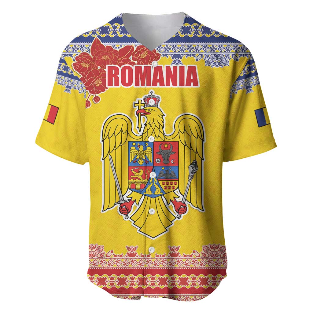 Personalized Vintage Romania Coat of Arms Baseball Jersey Golden Eagle with Romanian Peony