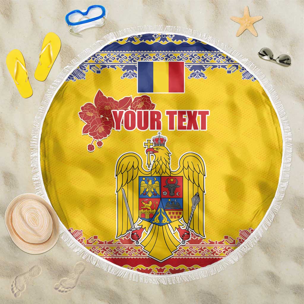 Personalized Vintage Romania Coat of Arms Beach Blanket Golden Eagle with Romanian Peony