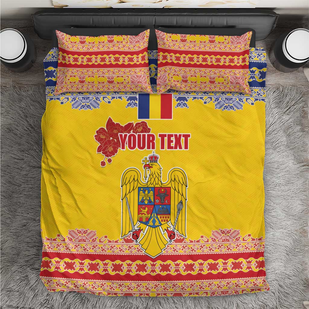 Personalized Vintage Romania Coat of Arms Bedding Set Golden Eagle with Romanian Peony