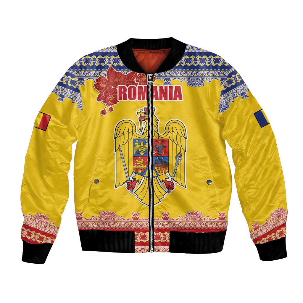 Personalized Vintage Romania Coat of Arms Bomber Jacket Golden Eagle with Romanian Peony