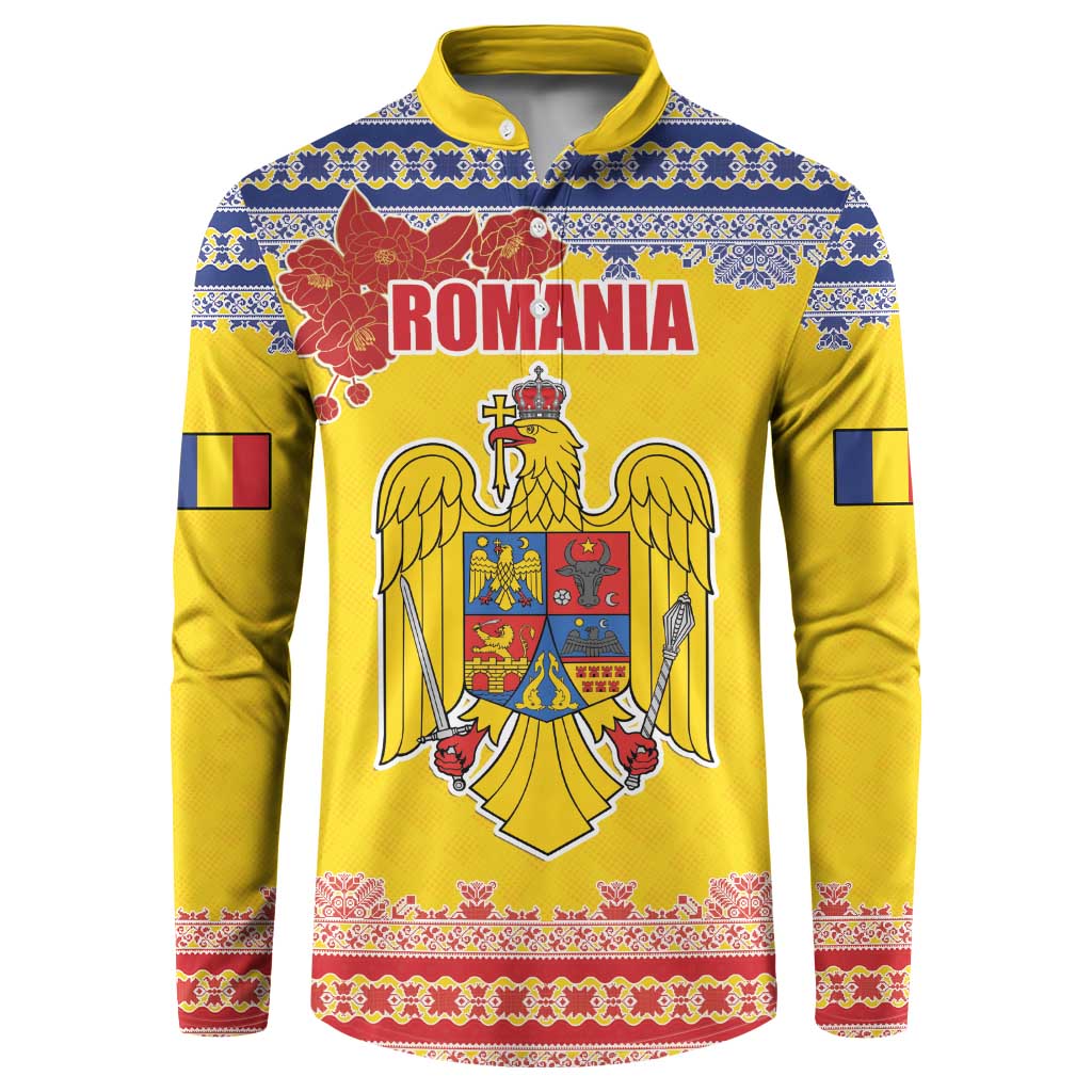 Personalized Vintage Romania Coat of Arms Button Sweatshirt Golden Eagle with Romanian Peony