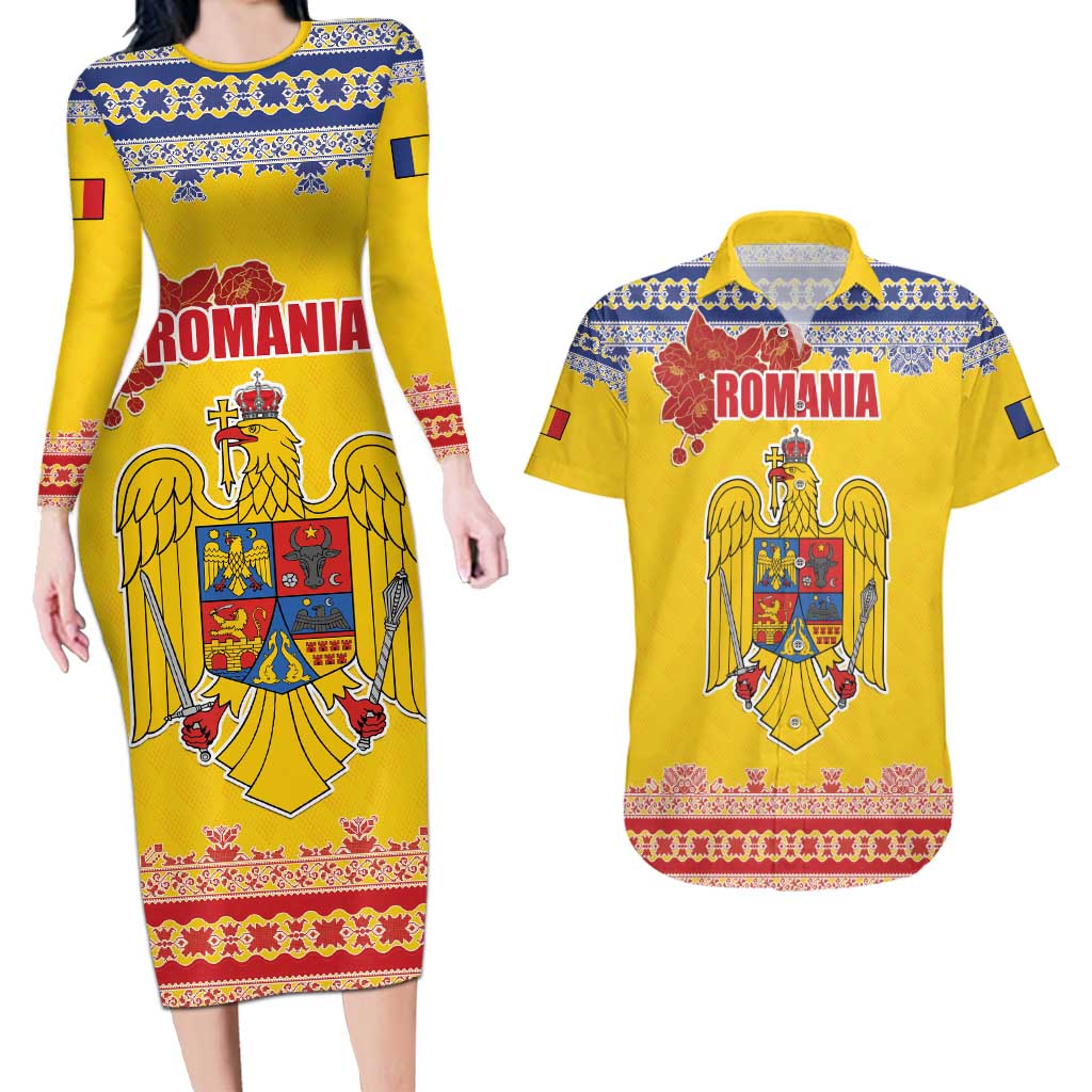 Personalized Vintage Romania Coat of Arms Couples Matching Long Sleeve Bodycon Dress and Hawaiian Shirt Golden Eagle with Romanian Peony