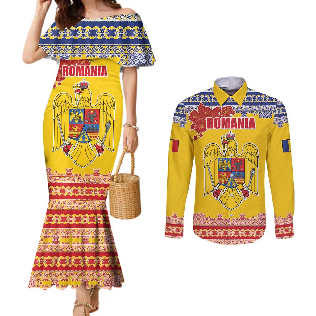 Personalized Vintage Romania Coat of Arms Couples Matching Mermaid Dress and Long Sleeve Button Shirt Golden Eagle with Romanian Peony