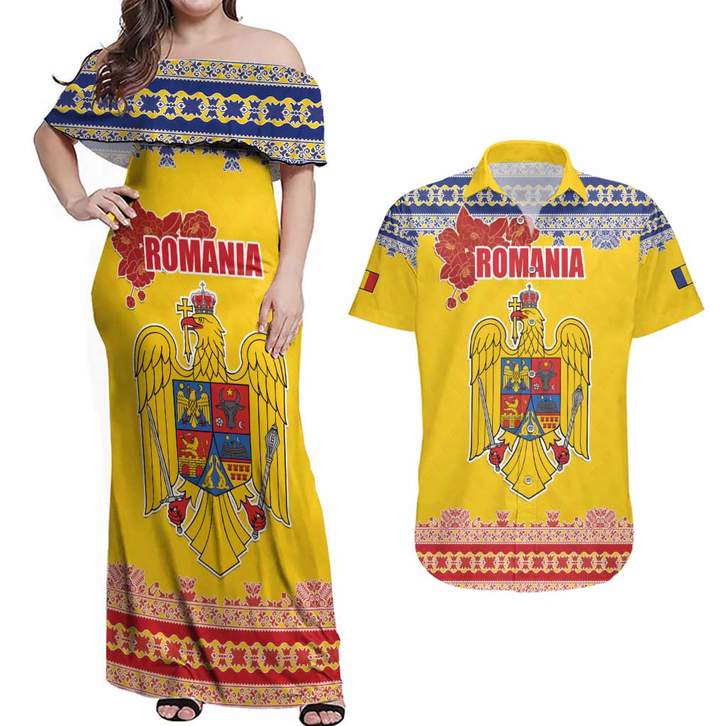 Personalized Vintage Romania Coat of Arms Couples Matching Off Shoulder Maxi Dress and Hawaiian Shirt Golden Eagle with Romanian Peony