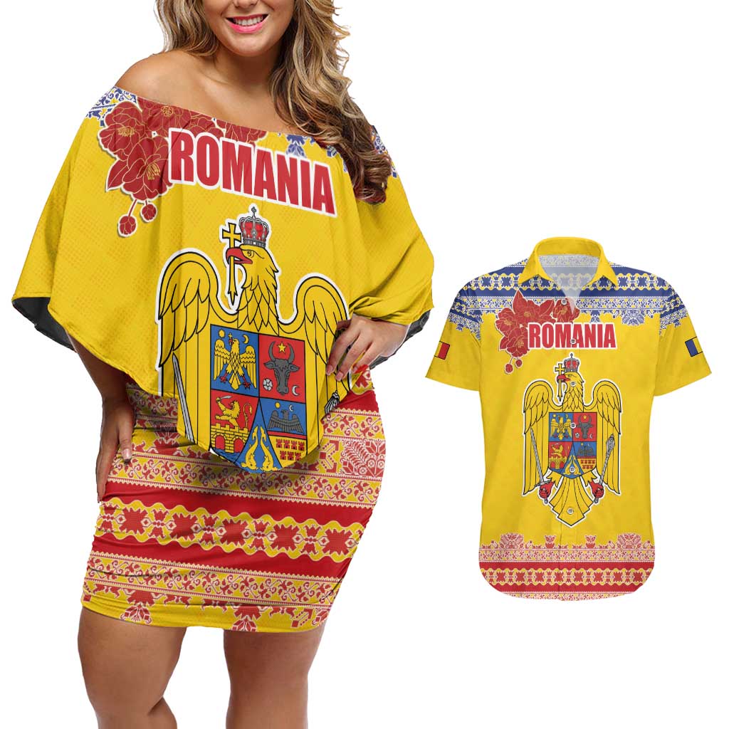 Personalized Vintage Romania Coat of Arms Couples Matching Off Shoulder Short Dress and Hawaiian Shirt Golden Eagle with Romanian Peony