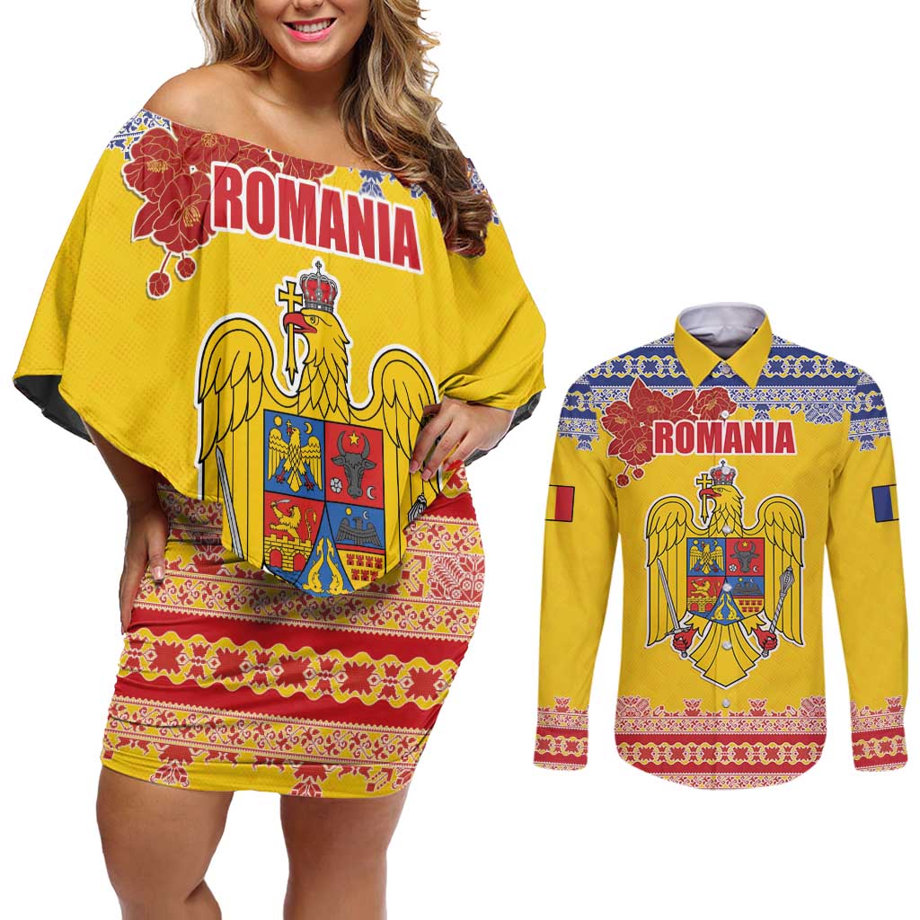 Personalized Vintage Romania Coat of Arms Couples Matching Off Shoulder Short Dress and Long Sleeve Button Shirt Golden Eagle with Romanian Peony