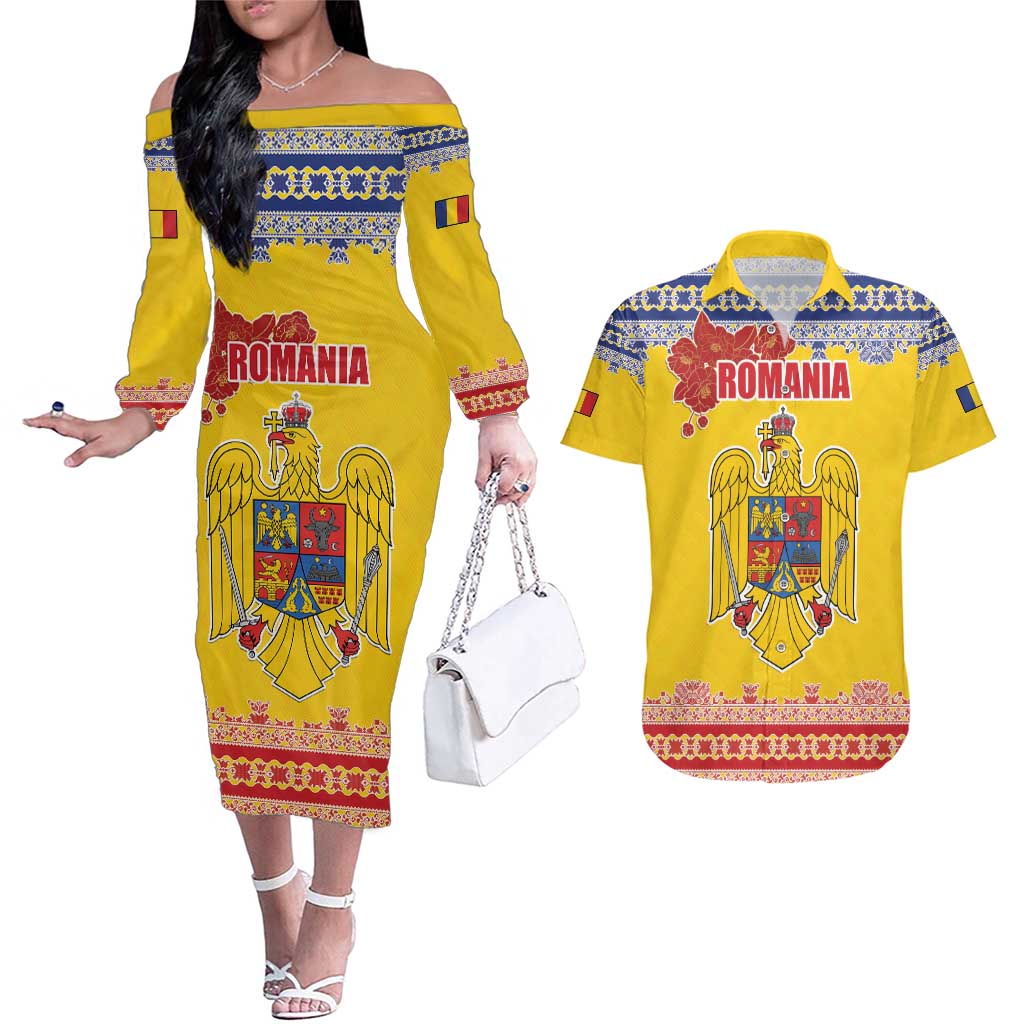 Personalized Vintage Romania Coat of Arms Couples Matching Off The Shoulder Long Sleeve Dress and Hawaiian Shirt Golden Eagle with Romanian Peony