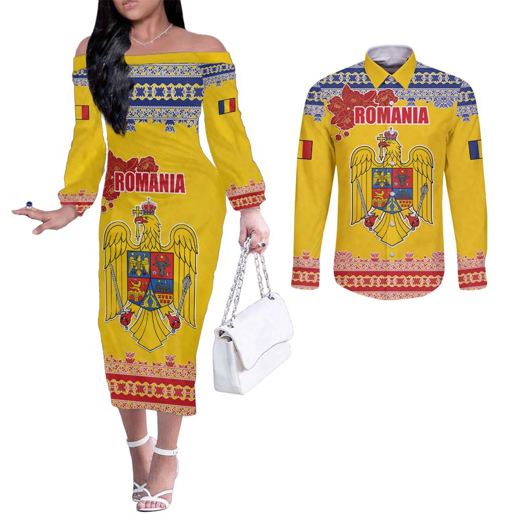 Personalized Vintage Romania Coat of Arms Couples Matching Off The Shoulder Long Sleeve Dress and Long Sleeve Button Shirt Golden Eagle with Romanian Peony