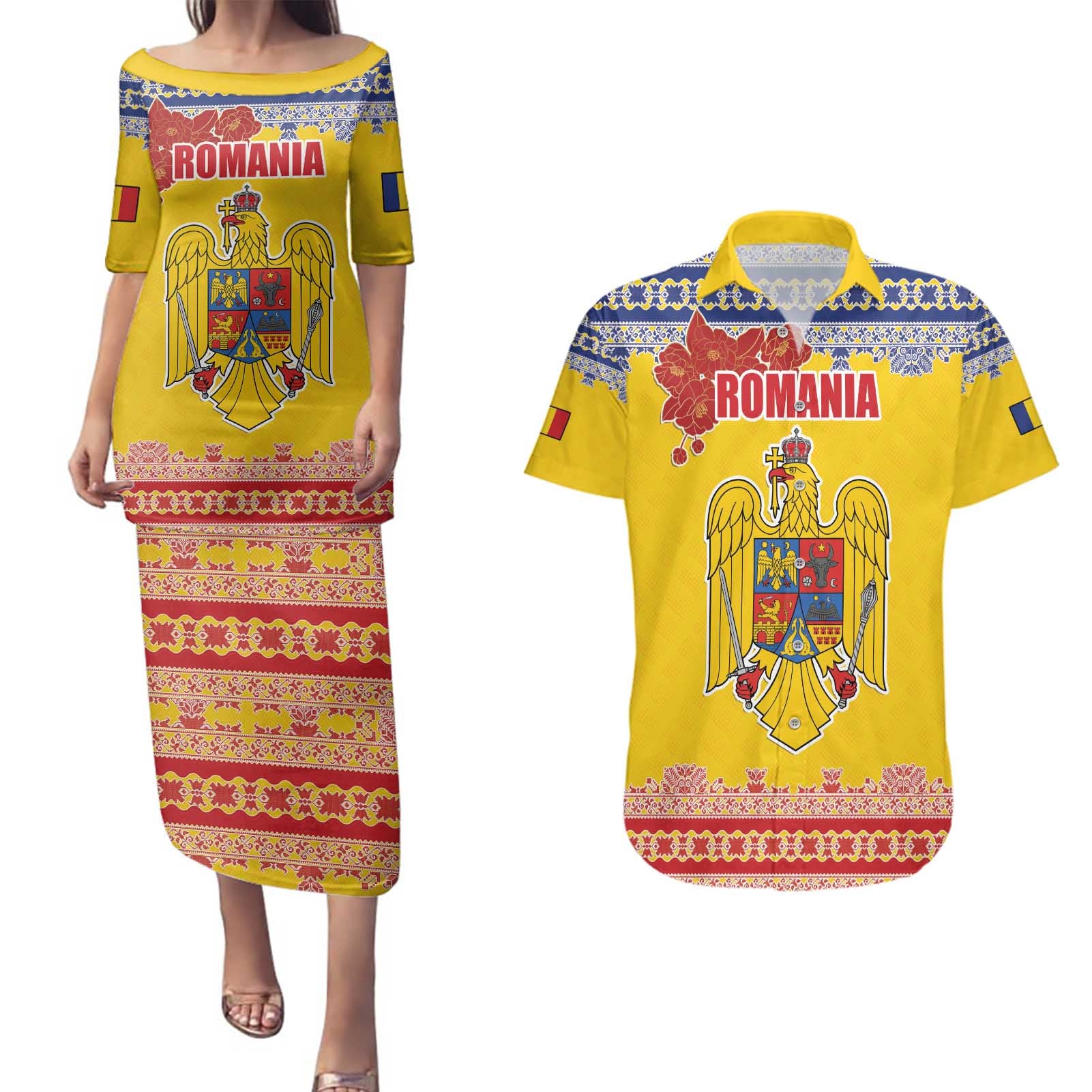 Personalized Vintage Romania Coat of Arms Couples Matching Puletasi and Hawaiian Shirt Golden Eagle with Romanian Peony