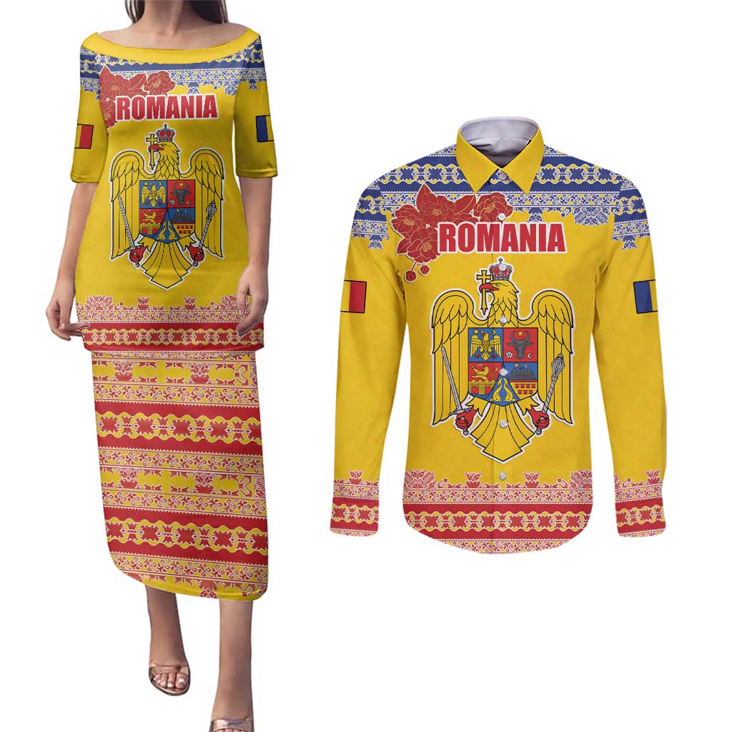 Personalized Vintage Romania Coat of Arms Couples Matching Puletasi and Long Sleeve Button Shirt Golden Eagle with Romanian Peony