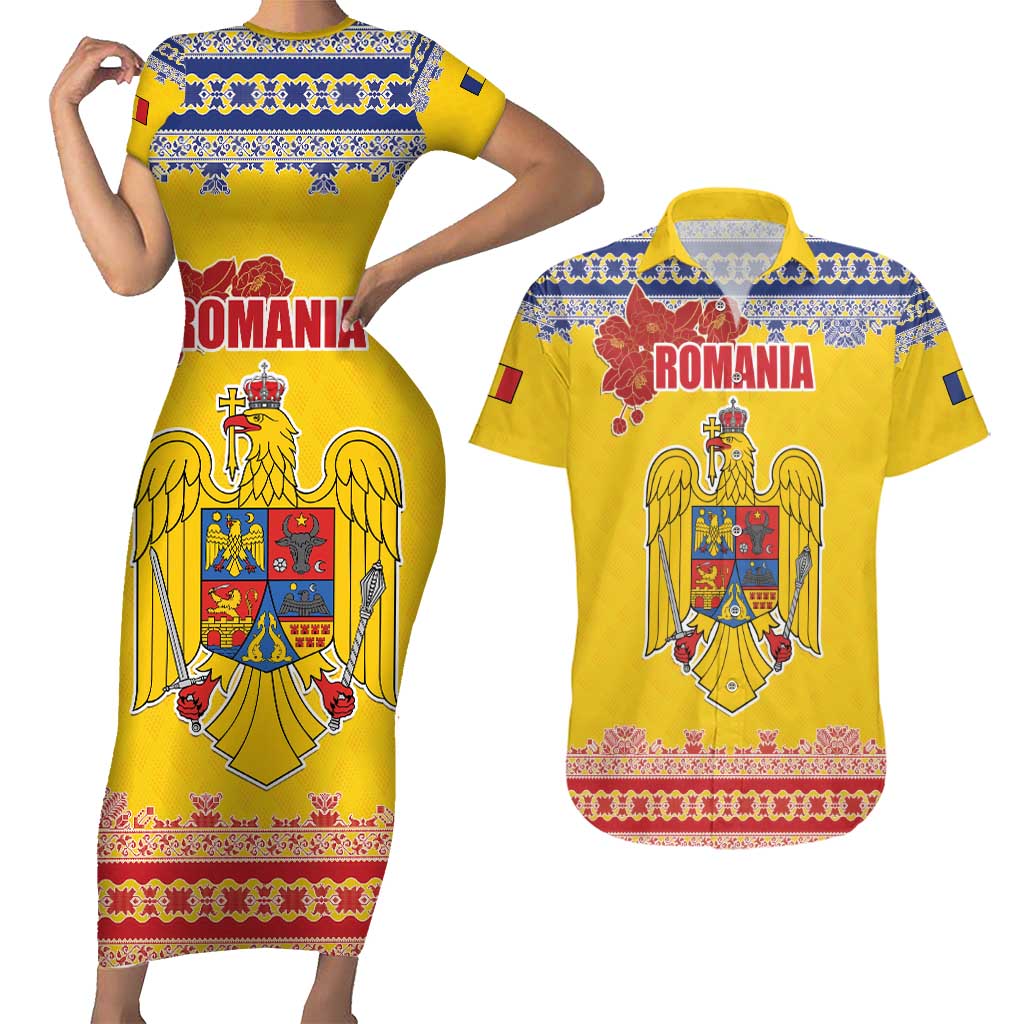 Personalized Vintage Romania Coat of Arms Couples Matching Short Sleeve Bodycon Dress and Hawaiian Shirt Golden Eagle with Romanian Peony