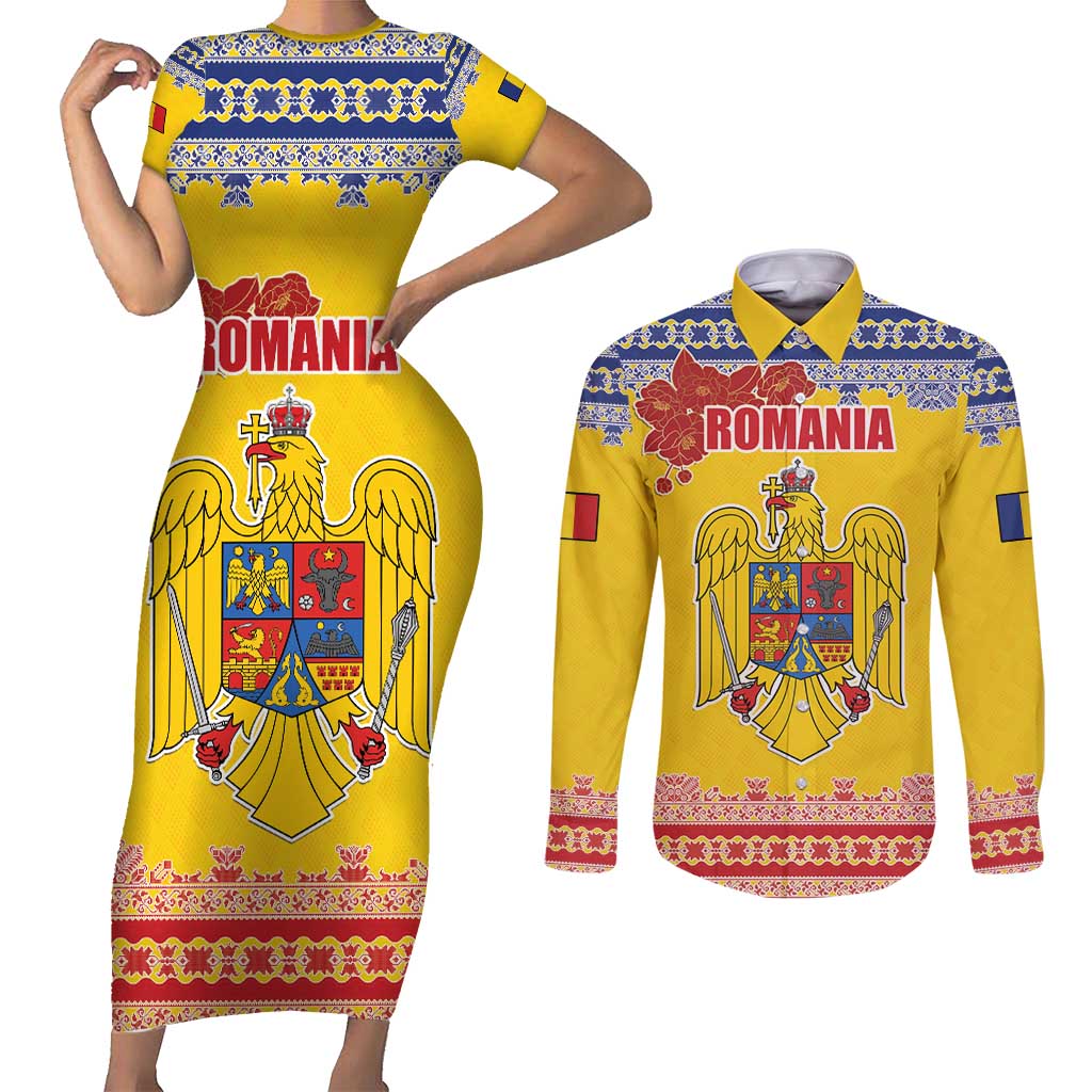 Personalized Vintage Romania Coat of Arms Couples Matching Short Sleeve Bodycon Dress and Long Sleeve Button Shirt Golden Eagle with Romanian Peony