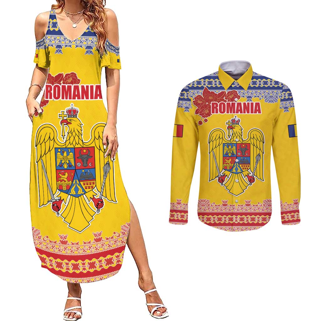 Personalized Vintage Romania Coat of Arms Couples Matching Summer Maxi Dress and Long Sleeve Button Shirt Golden Eagle with Romanian Peony