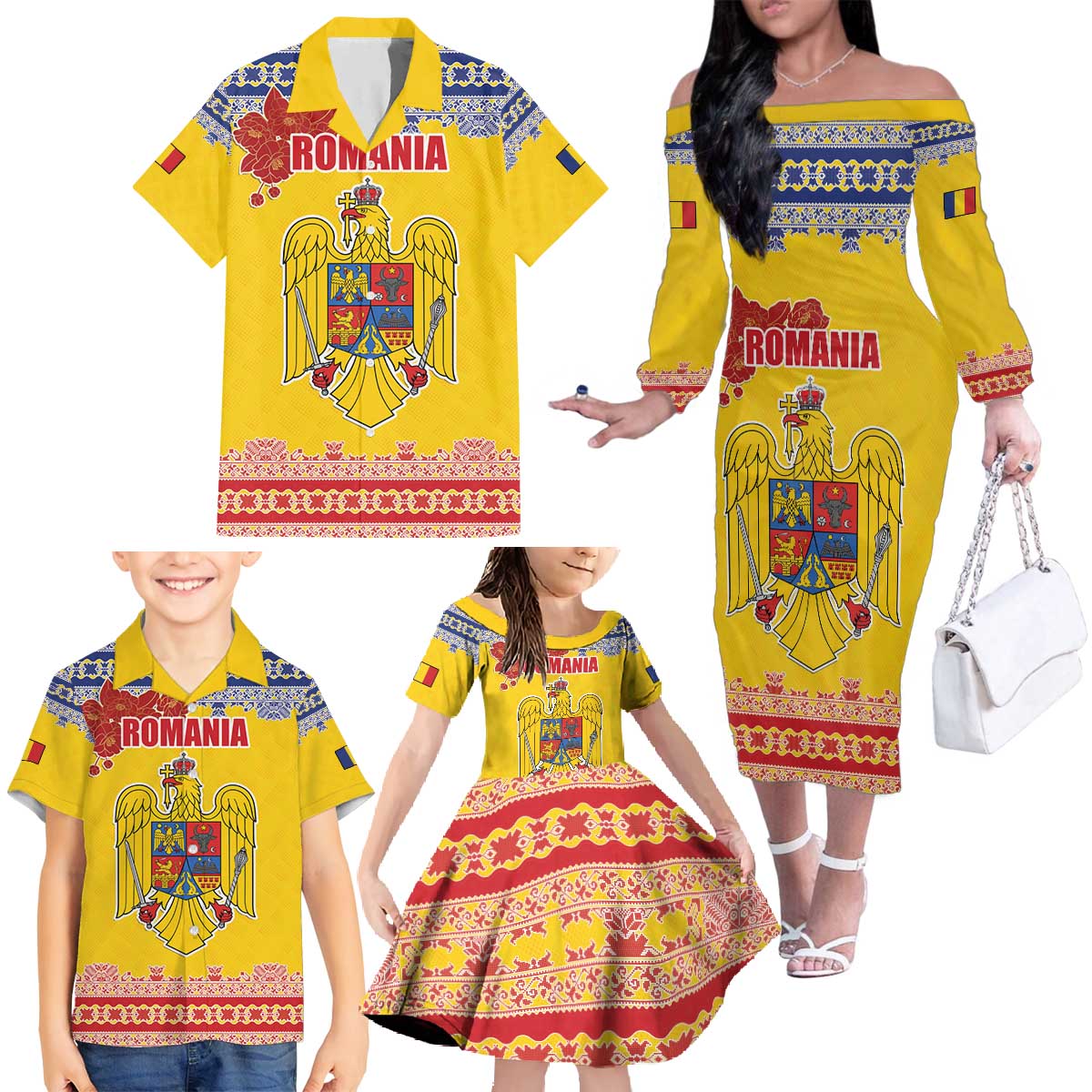 Personalized Vintage Romania Coat of Arms Family Matching Off The Shoulder Long Sleeve Dress and Hawaiian Shirt Golden Eagle with Romanian Peony