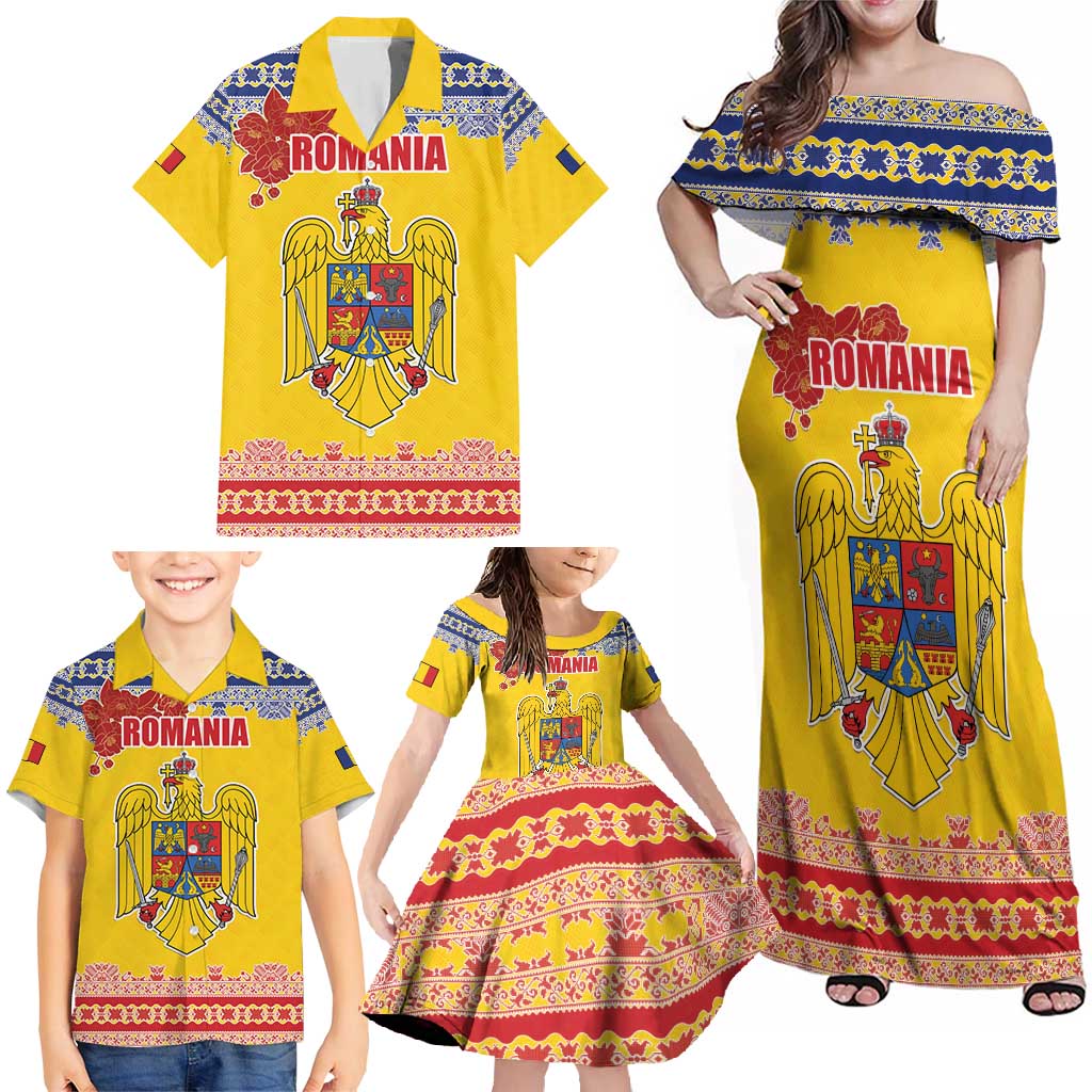 Personalized Vintage Romania Coat of Arms Family Matching Off Shoulder Maxi Dress and Hawaiian Shirt Golden Eagle with Romanian Peony