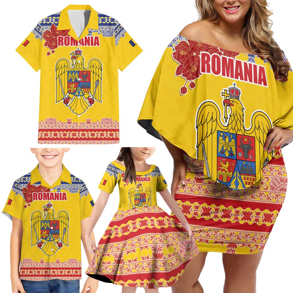 Personalized Vintage Romania Coat of Arms Family Matching Off Shoulder Short Dress and Hawaiian Shirt Golden Eagle with Romanian Peony