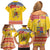 Personalized Vintage Romania Coat of Arms Family Matching Off Shoulder Short Dress and Hawaiian Shirt Golden Eagle with Romanian Peony