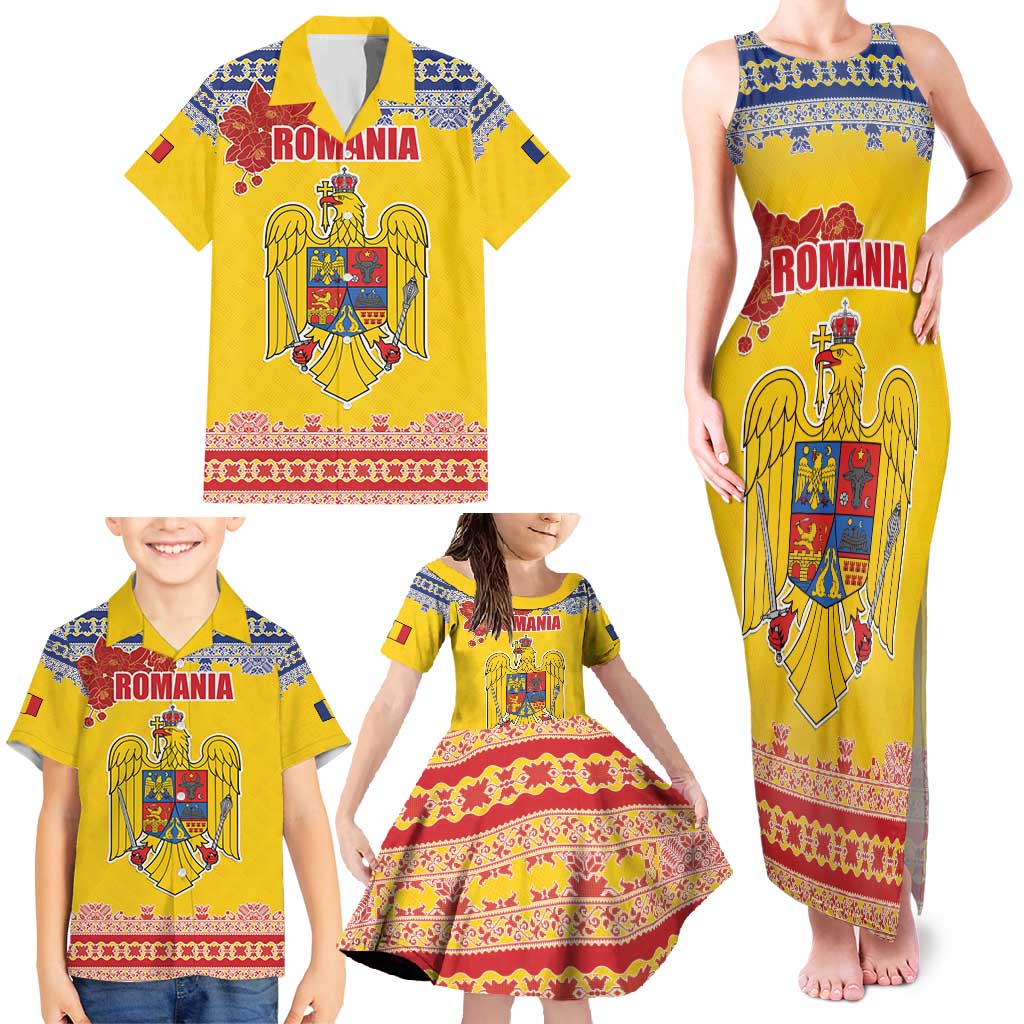 Personalized Vintage Romania Coat of Arms Family Matching Tank Maxi Dress and Hawaiian Shirt Golden Eagle with Romanian Peony