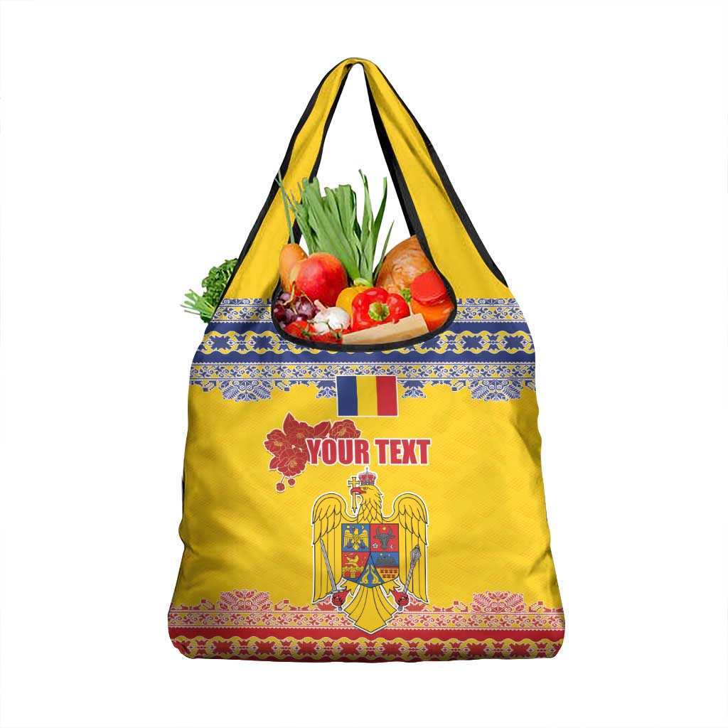 Personalized Vintage Romania Coat of Arms Grocery Bag Golden Eagle with Romanian Peony