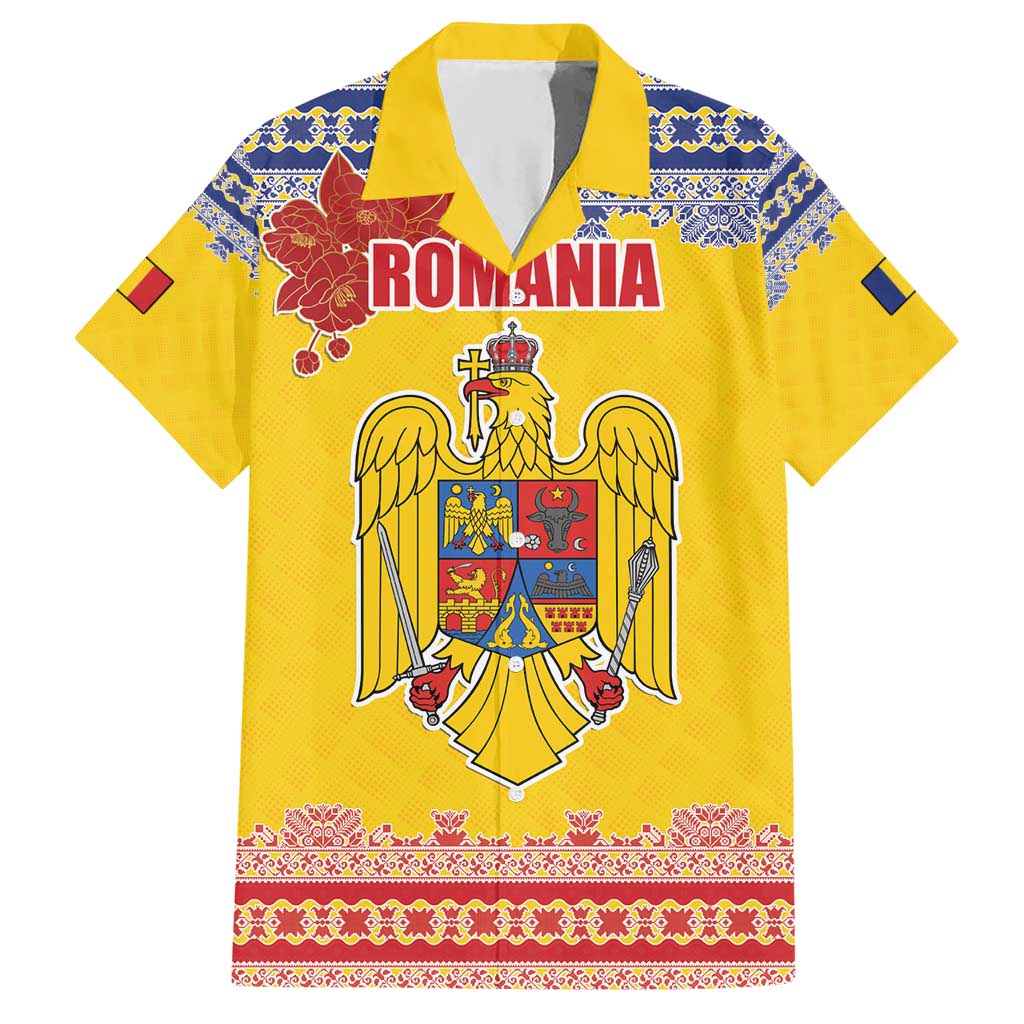 Personalized Vintage Romania Coat of Arms Hawaiian Shirt Golden Eagle with Romanian Peony