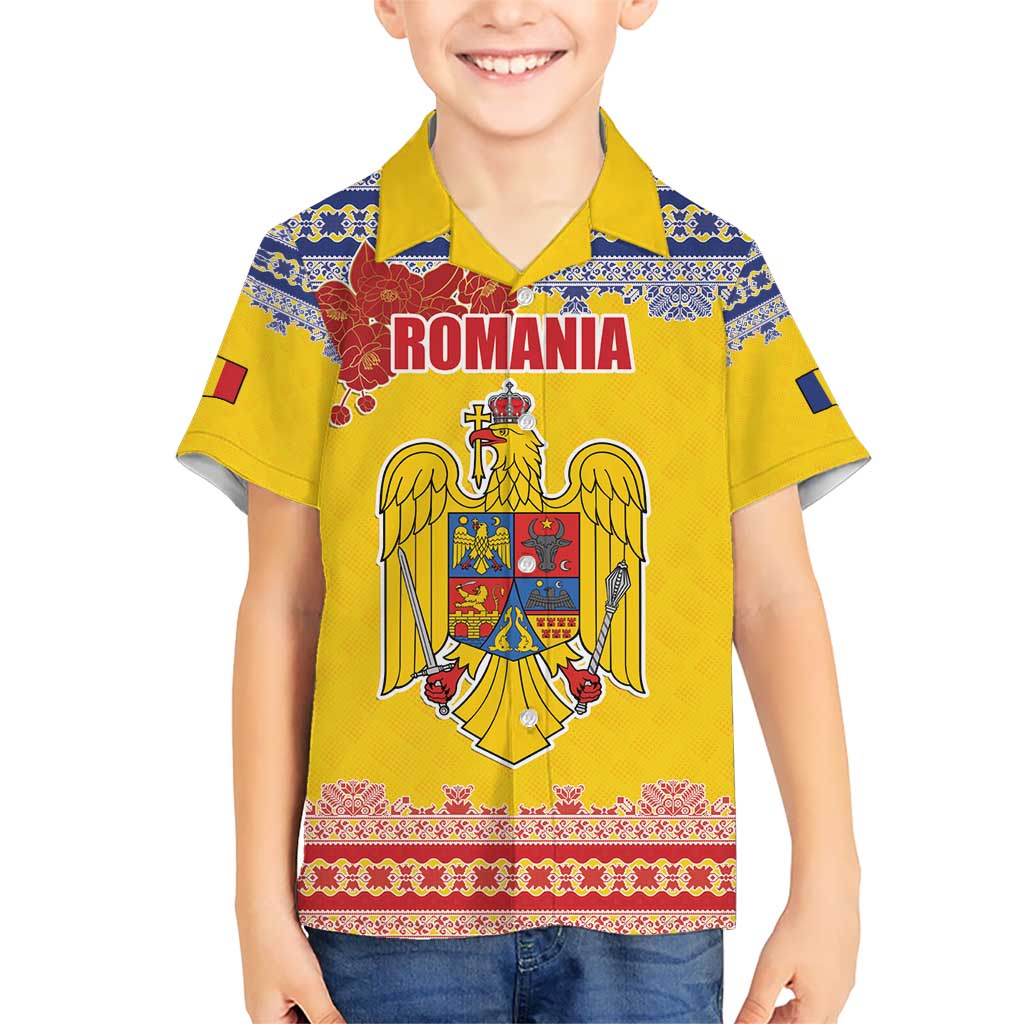 Personalized Vintage Romania Coat of Arms Kid Hawaiian Shirt Golden Eagle with Romanian Peony