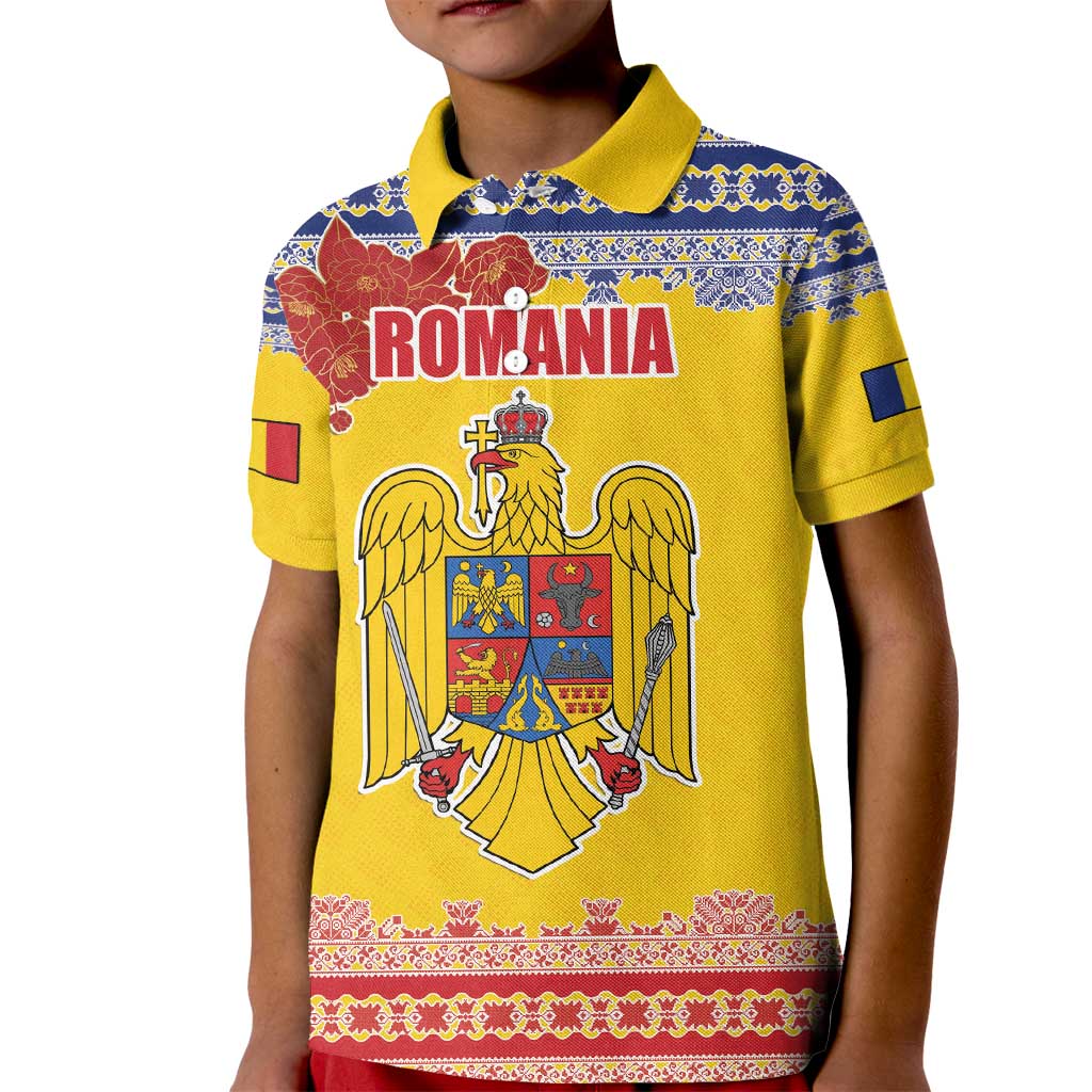 Personalized Vintage Romania Coat of Arms Kid Polo Shirt Golden Eagle with Romanian Peony