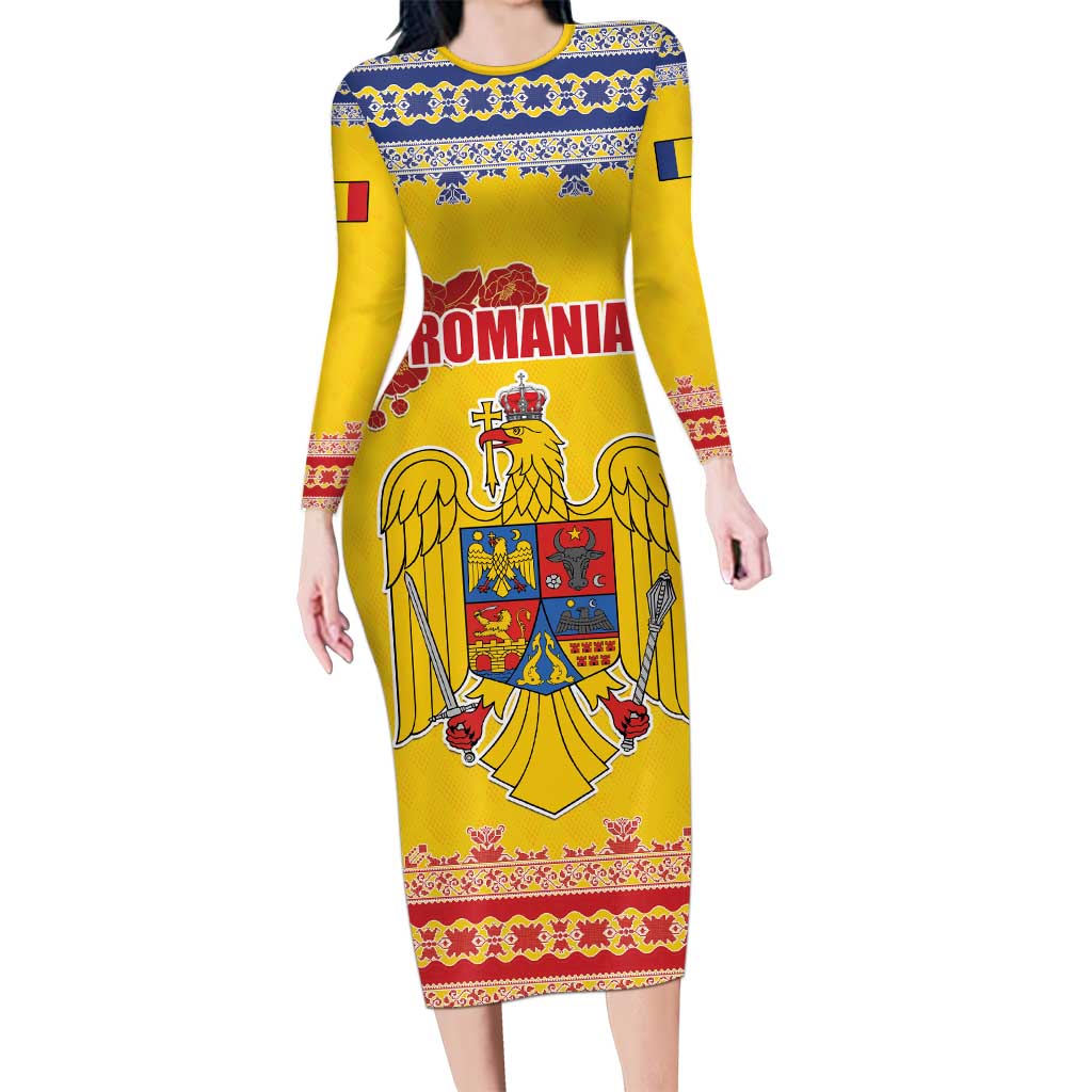 Personalized Vintage Romania Coat of Arms Long Sleeve Bodycon Dress Golden Eagle with Romanian Peony