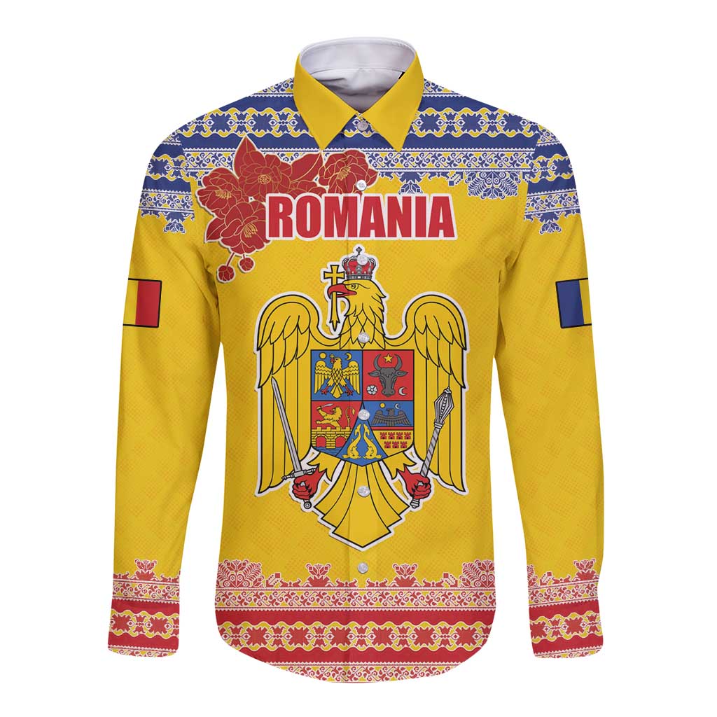 Personalized Vintage Romania Coat of Arms Long Sleeve Button Shirt Golden Eagle with Romanian Peony