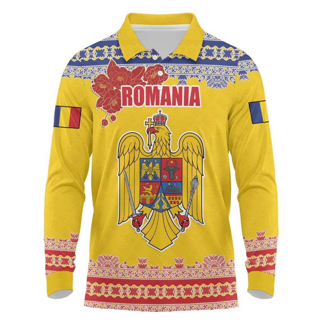 Personalized Vintage Romania Coat of Arms Long Sleeve Polo Shirt Golden Eagle with Romanian Peony