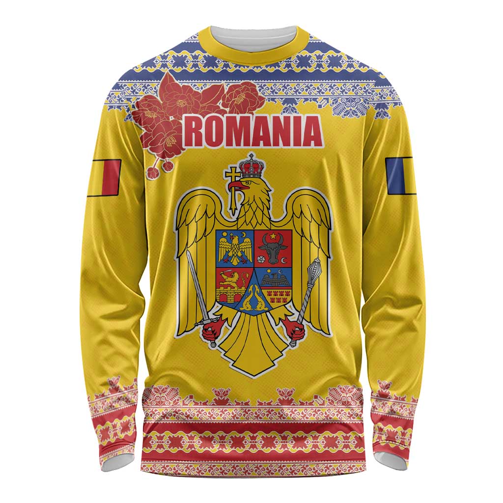 Personalized Vintage Romania Coat of Arms Long Sleeve Shirt Golden Eagle with Romanian Peony