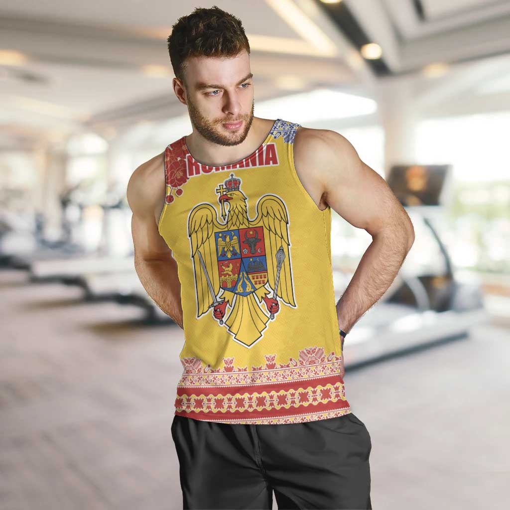 Personalized Vintage Romania Coat of Arms Men Tank Top Golden Eagle with Romanian Peony