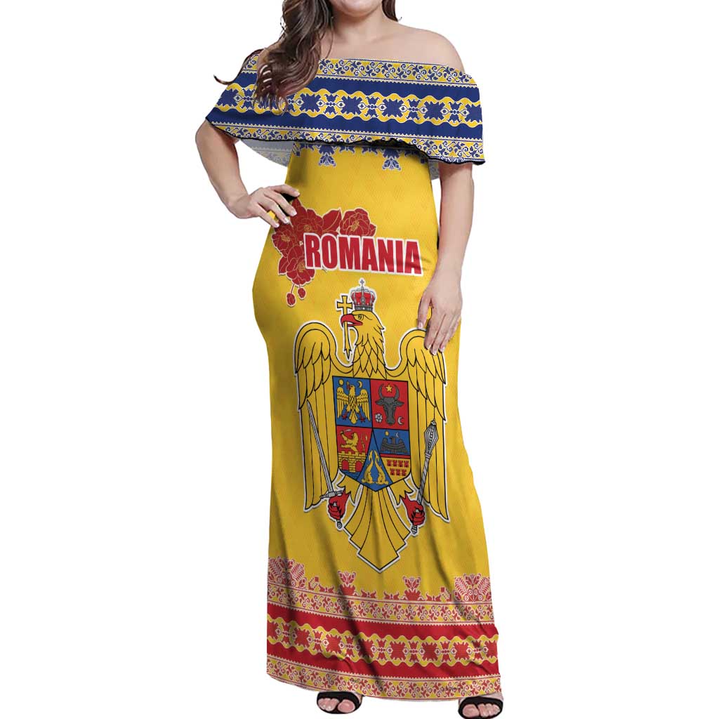 Personalized Vintage Romania Coat of Arms Off Shoulder Maxi Dress Golden Eagle with Romanian Peony