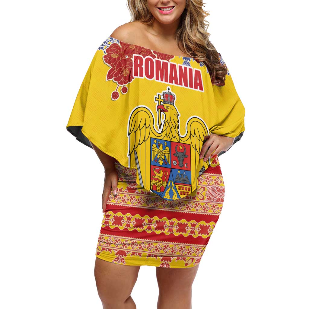 Personalized Vintage Romania Coat of Arms Off Shoulder Short Dress Golden Eagle with Romanian Peony