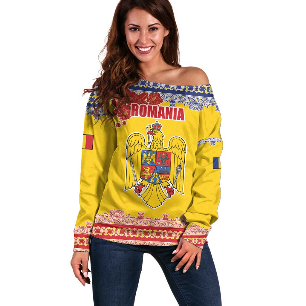 Personalized Vintage Romania Coat of Arms Off Shoulder Sweater Golden Eagle with Romanian Peony