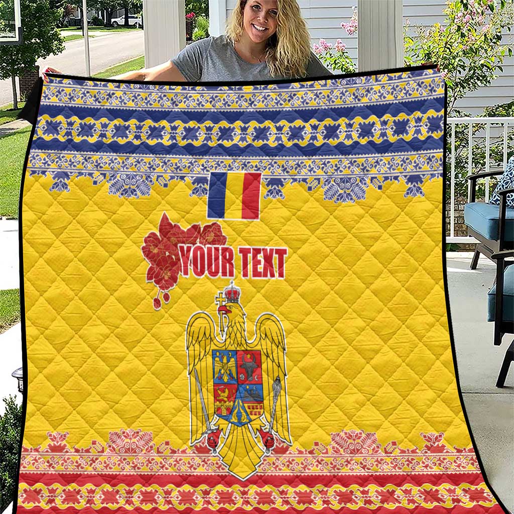 Personalized Vintage Romania Coat of Arms Quilt Golden Eagle with Romanian Peony