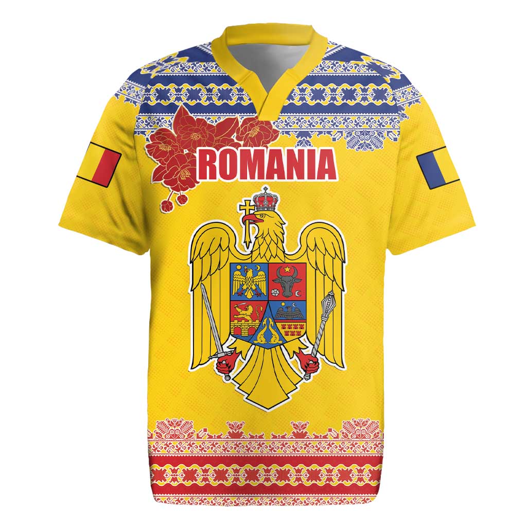 Personalized Vintage Romania Coat of Arms Rugby Jersey Golden Eagle with Romanian Peony