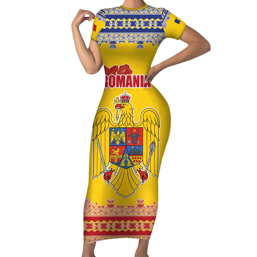 Personalized Vintage Romania Coat of Arms Short Sleeve Bodycon Dress Golden Eagle with Romanian Peony