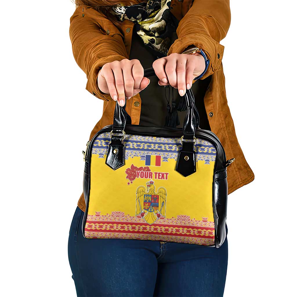 Personalized Vintage Romania Coat of Arms Shoulder Handbag Golden Eagle with Romanian Peony