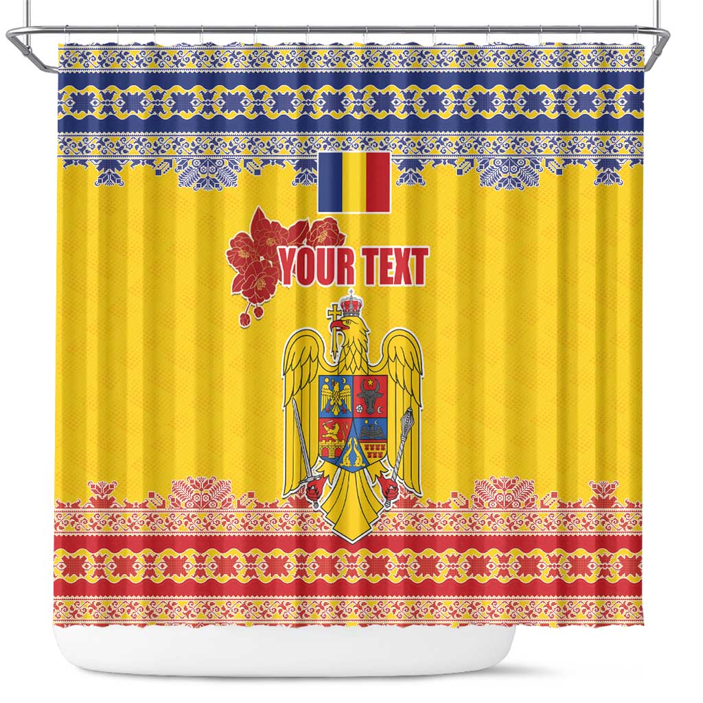 Personalized Vintage Romania Coat of Arms Shower Curtain Golden Eagle with Romanian Peony