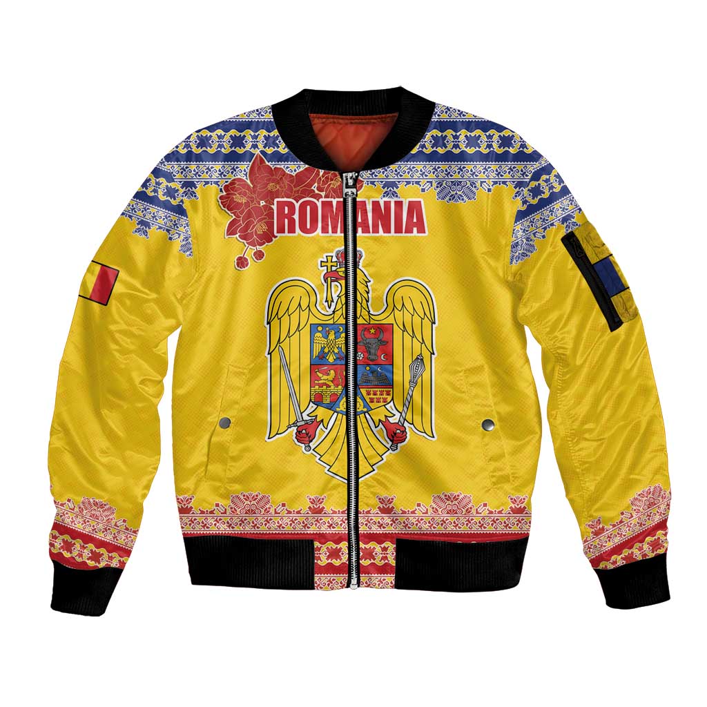 Personalized Vintage Romania Coat of Arms Sleeve Zip Bomber Jacket Golden Eagle with Romanian Peony