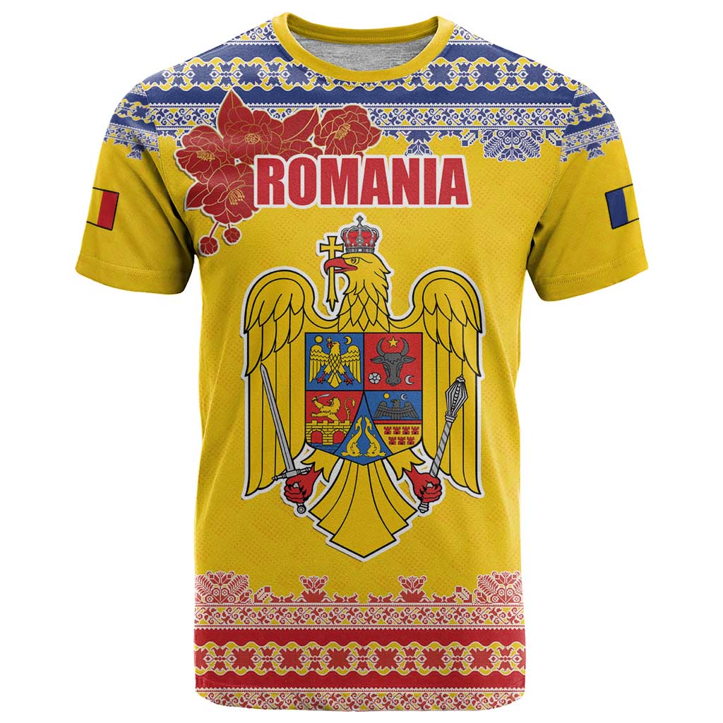 Personalized Vintage Romania Coat of Arms T Shirt Golden Eagle with Romanian Peony