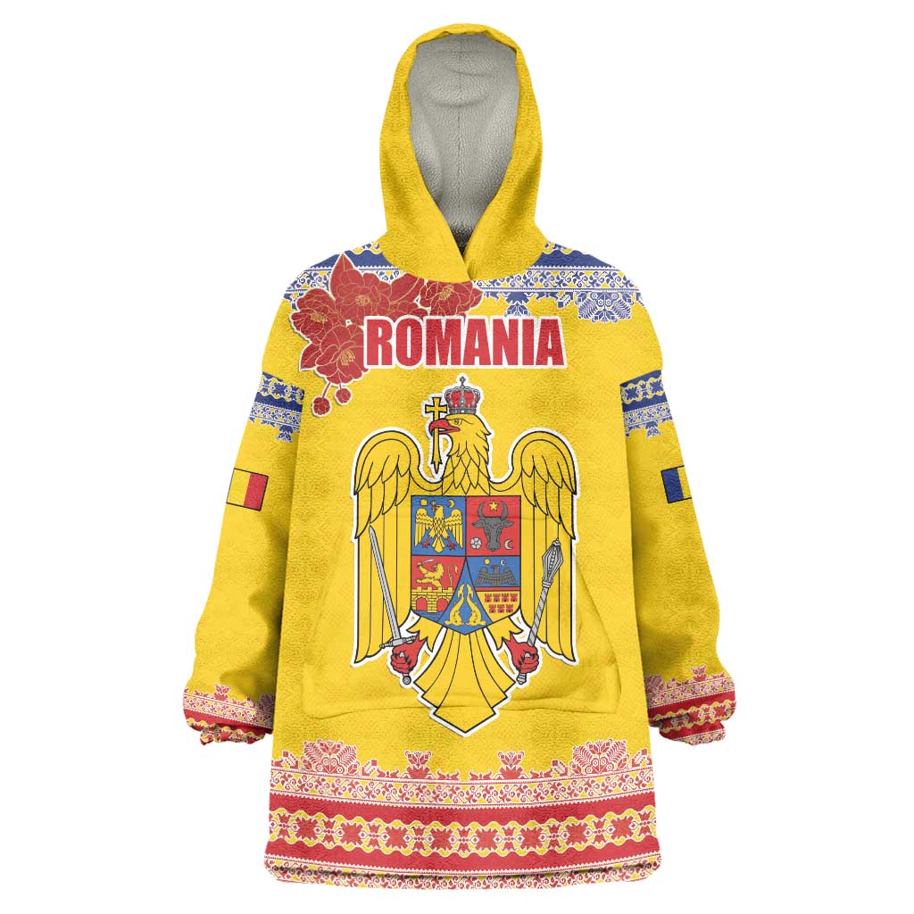 Personalized Vintage Romania Coat of Arms Wearable Blanket Hoodie Golden Eagle with Romanian Peony