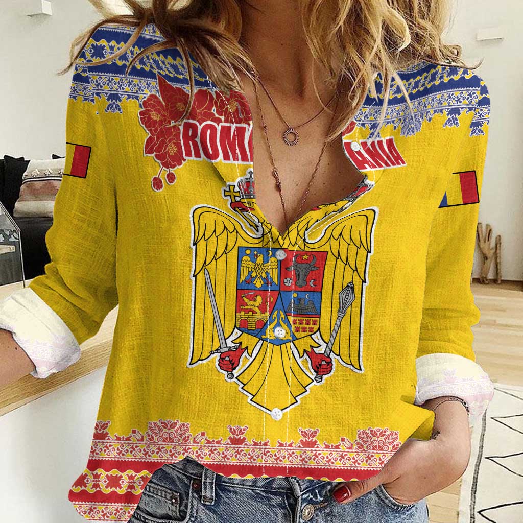 Personalized Vintage Romania Coat of Arms Women Casual Shirt Golden Eagle with Romanian Peony