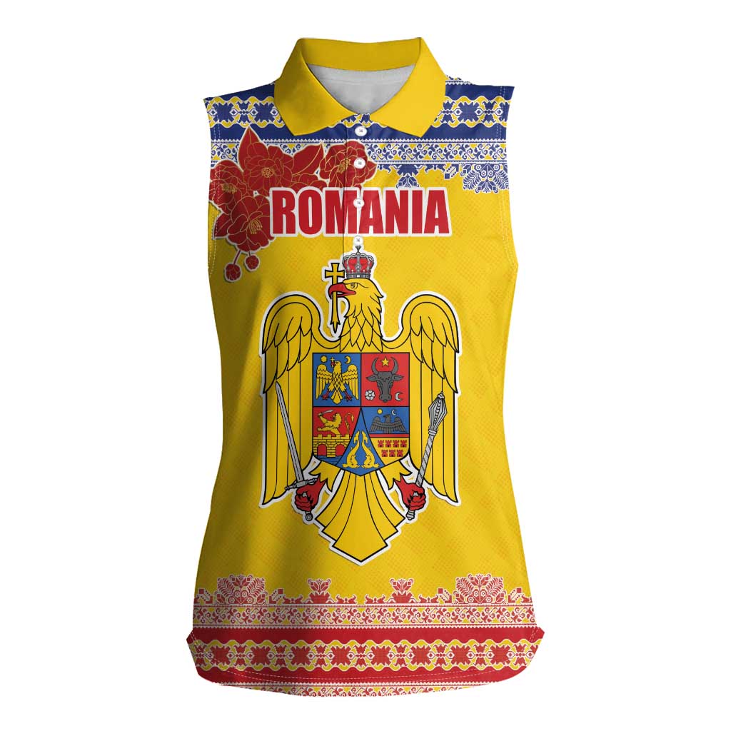 Personalized Vintage Romania Coat of Arms Women Sleeveless Polo Shirt Golden Eagle with Romanian Peony