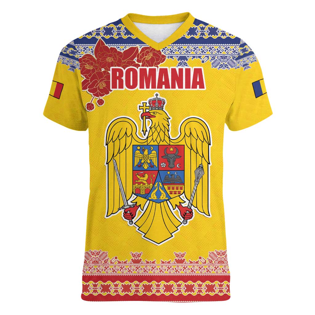 Personalized Vintage Romania Coat of Arms Women V-Neck T-Shirt Golden Eagle with Romanian Peony